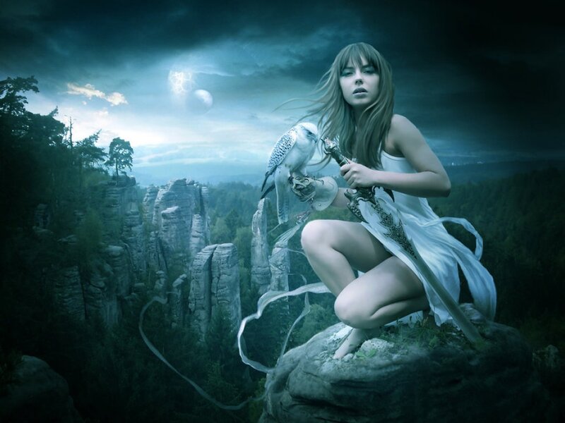 Woman with Falcon on Rock — Blue