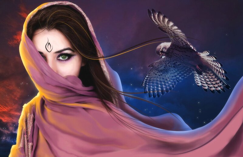 Woman with Falcon — Purple, Dramatic, Night