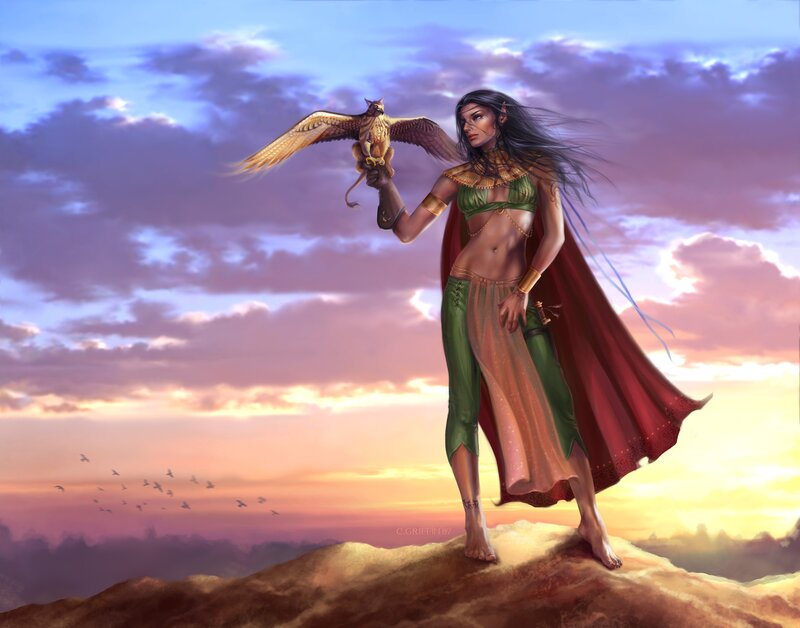 Woman with Falcon — Purple, Dramatic, Sunset, Digital Art, Cape