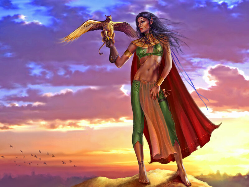 Woman with Falcon — Purple, Dramatic, Sunset, Digital Art