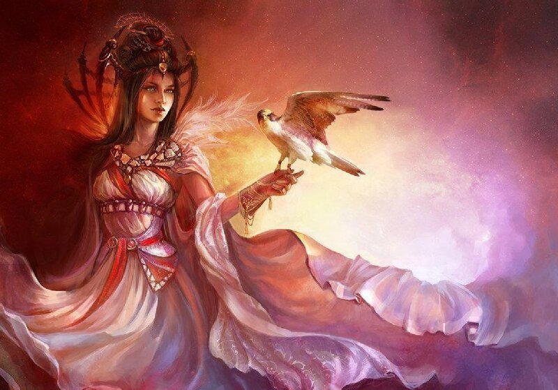 Woman with Falcon — Red, Dramatic, Digital Art, Crown
