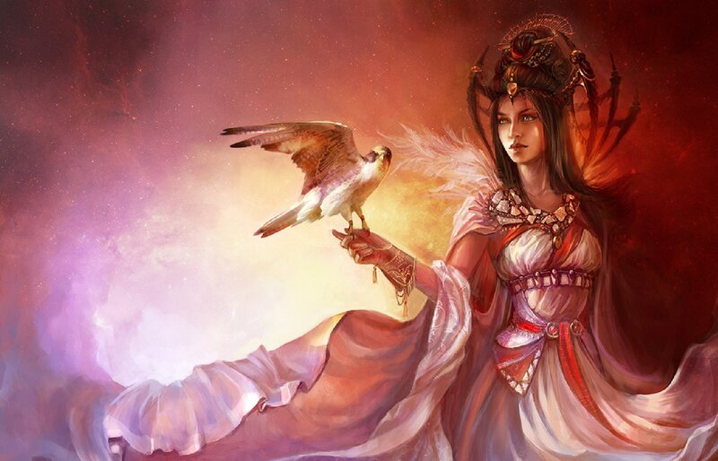 Woman with Falcon — Red, Dramatic, Digital Art, Feathered Wings
