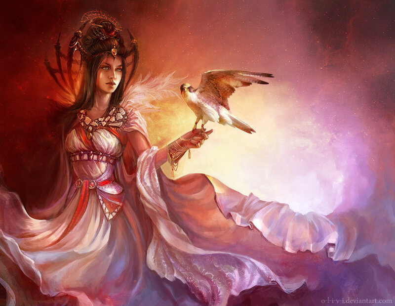 Woman with Falcon — Red, Dramatic, Digital Art