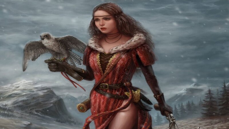 Woman with Falcon — Red, Dramatic, Winter, Digital Art