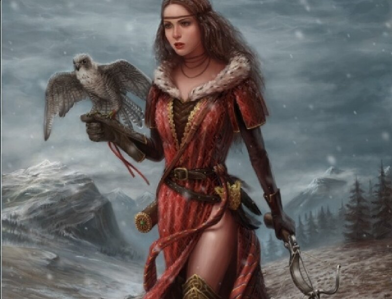 Woman with Falcon — Red, Dramatic, Winter