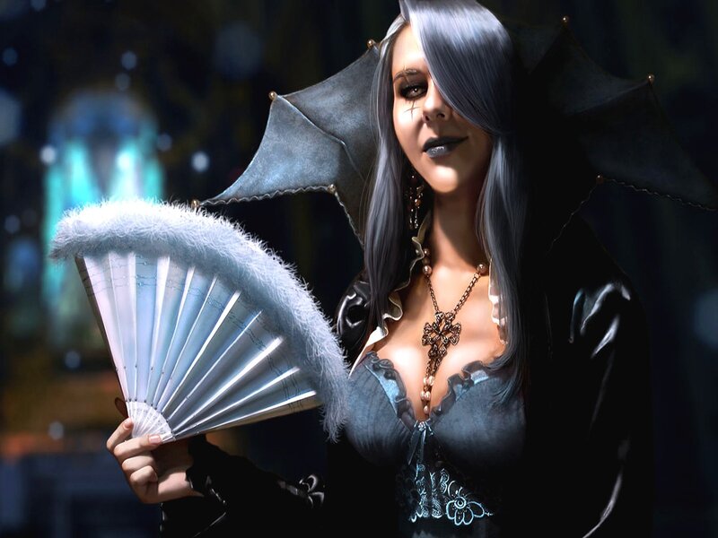 woman with fan and bat wings