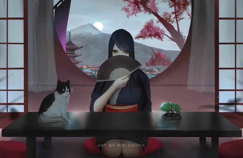 Woman with Fan and Cat