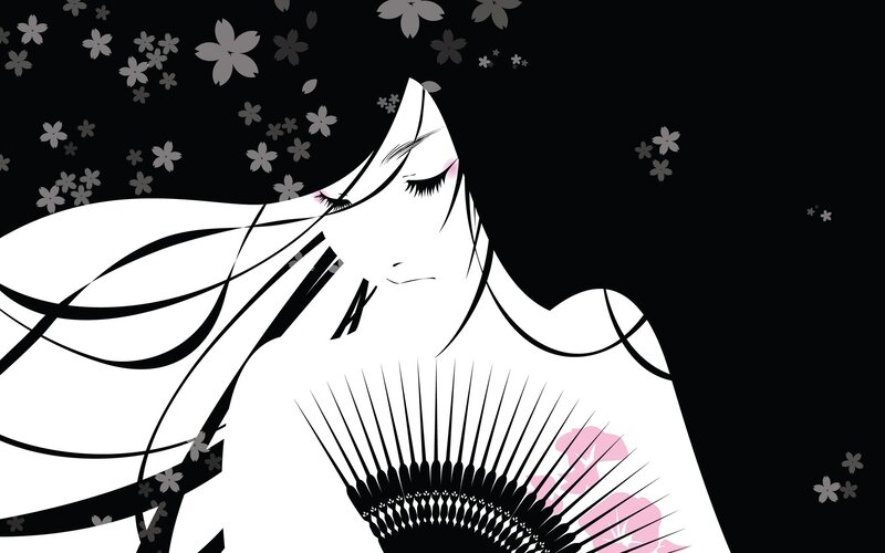 Woman with Fan and Cherry Blossoms — Black, Serene, Night