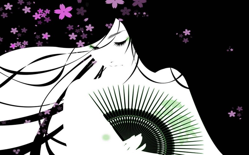 Woman with Fan and Cherry Blossoms — Black