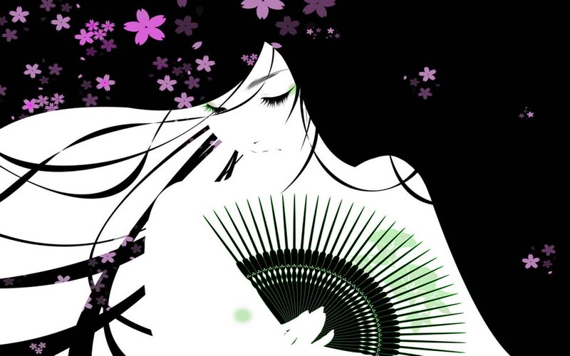 woman with fan and cherry blossoms
