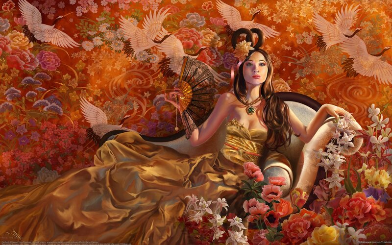 woman with fan and cranes