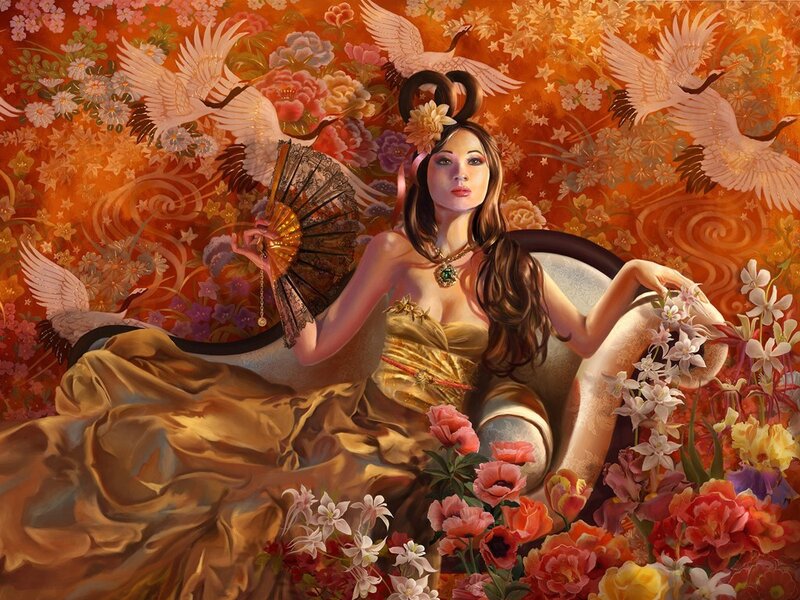 Woman with fan and cranes