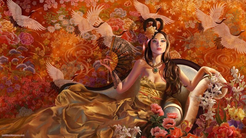 Woman with Fan and Cranes — Orange