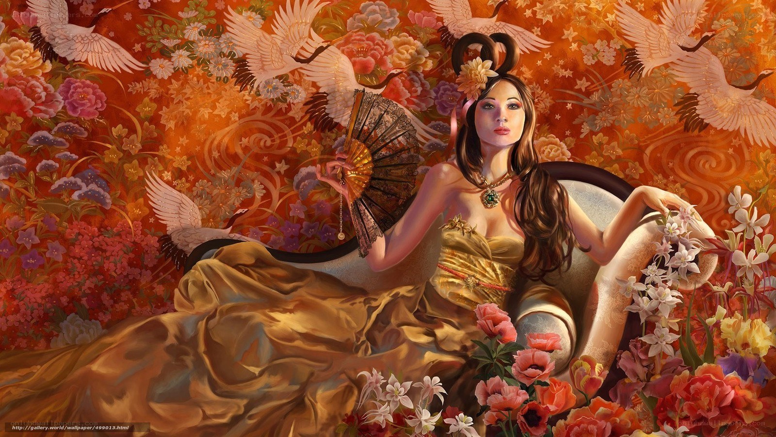 woman with fan and cranes