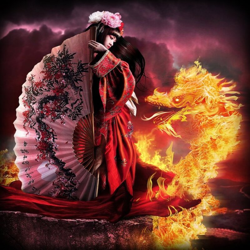 Woman with Fan and Dragon — Red