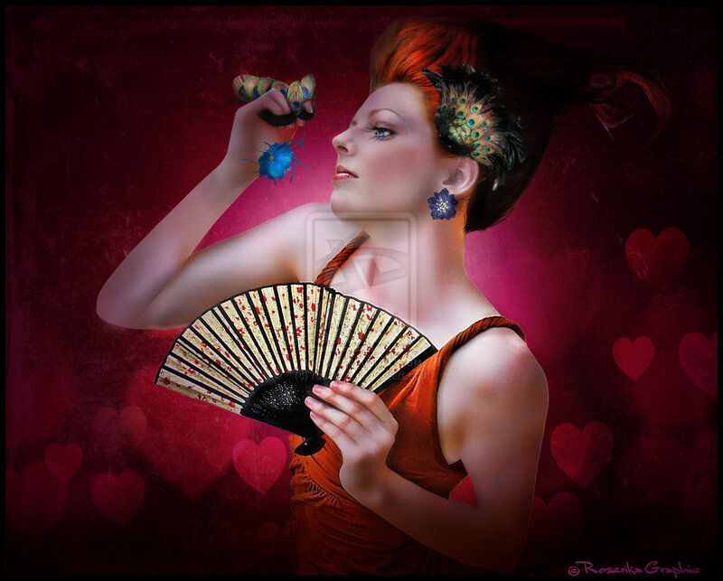 Woman with Fan and Feathers — Red