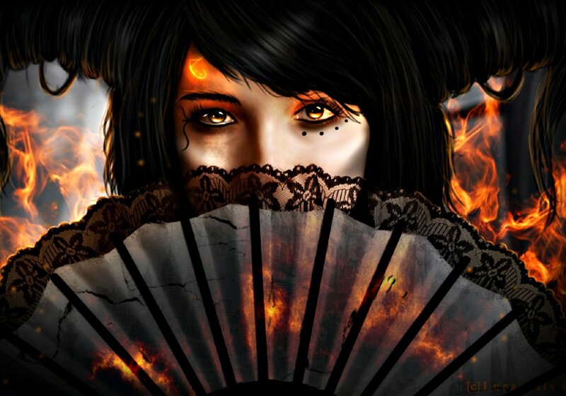 Woman with Fan and Fire — Black, Dramatic