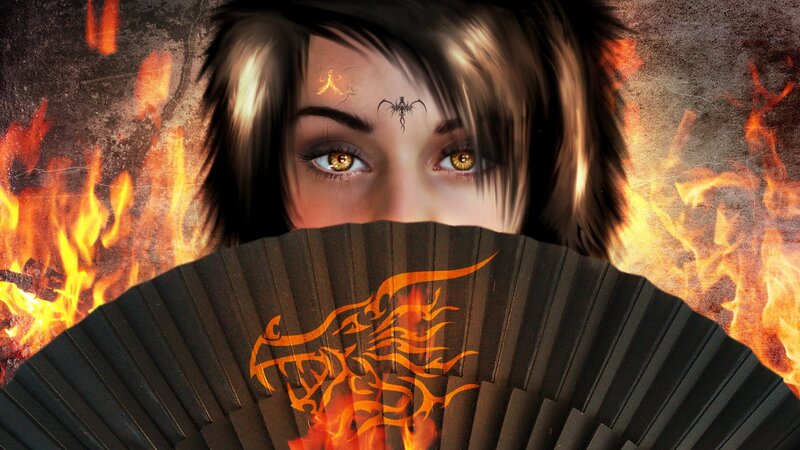 woman with fan and fire