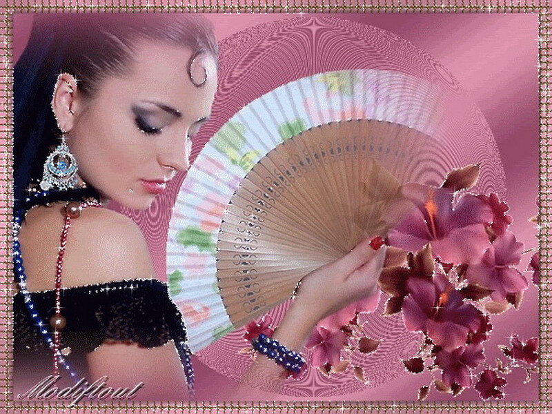 woman with fan and flowers