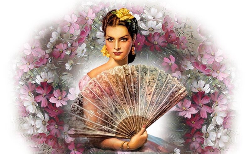 Woman with Fan and Flowers — Pink, Serene