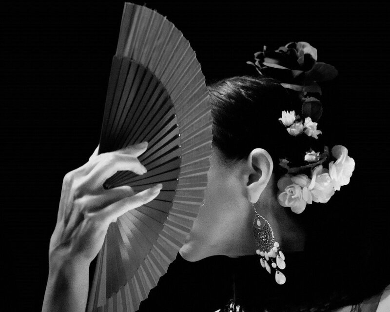 woman with fan and flowers