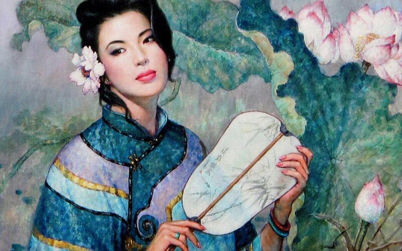 Woman with Fan and Lotus