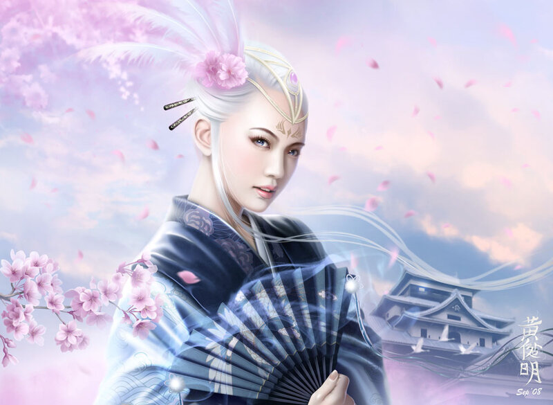 Woman with fan in cherry blossom
