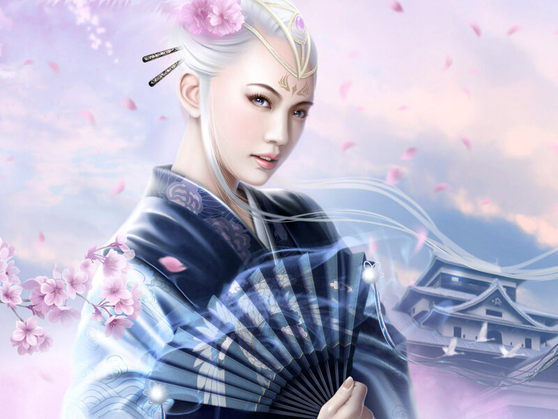 Woman with fan in cherry blossom