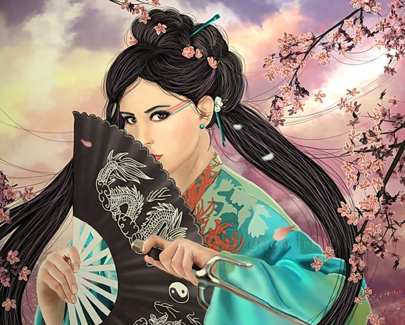 woman with fan in cherry blossoms