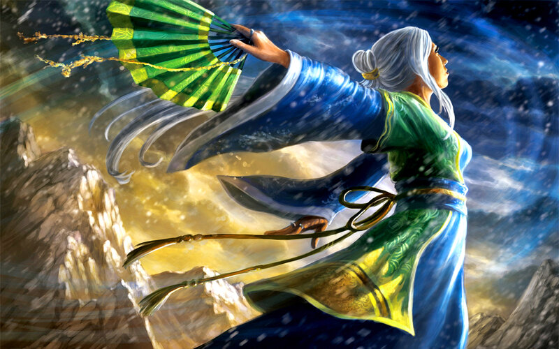 Woman with Fan in Storm