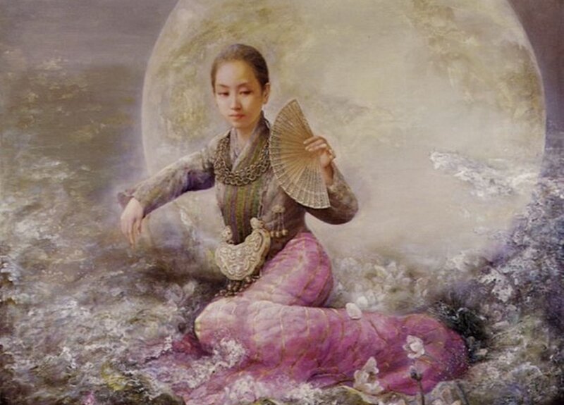 Woman with Fan — Purple, Serene