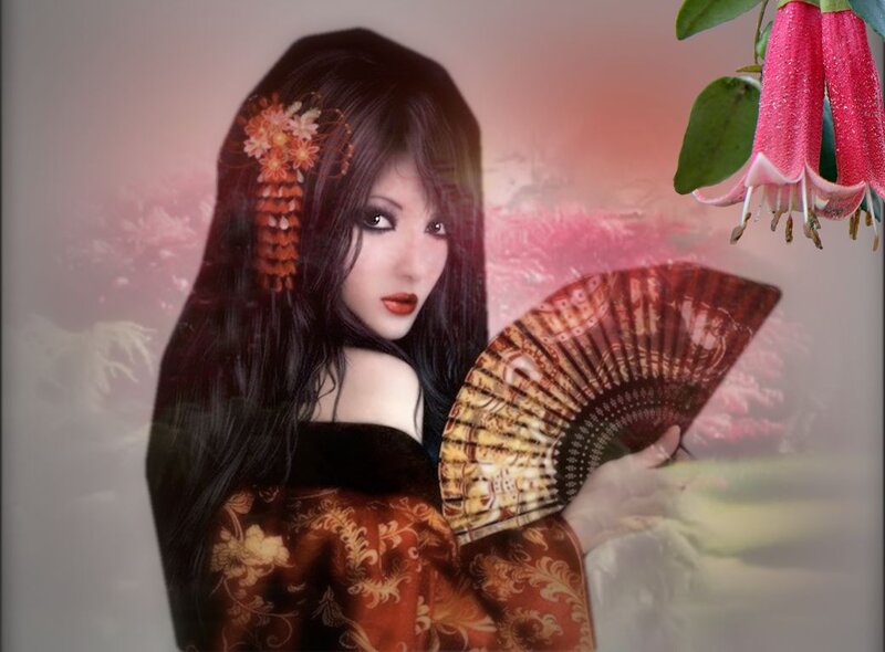 Woman with Fan — Red, Dramatic, Digital Art, Flowers