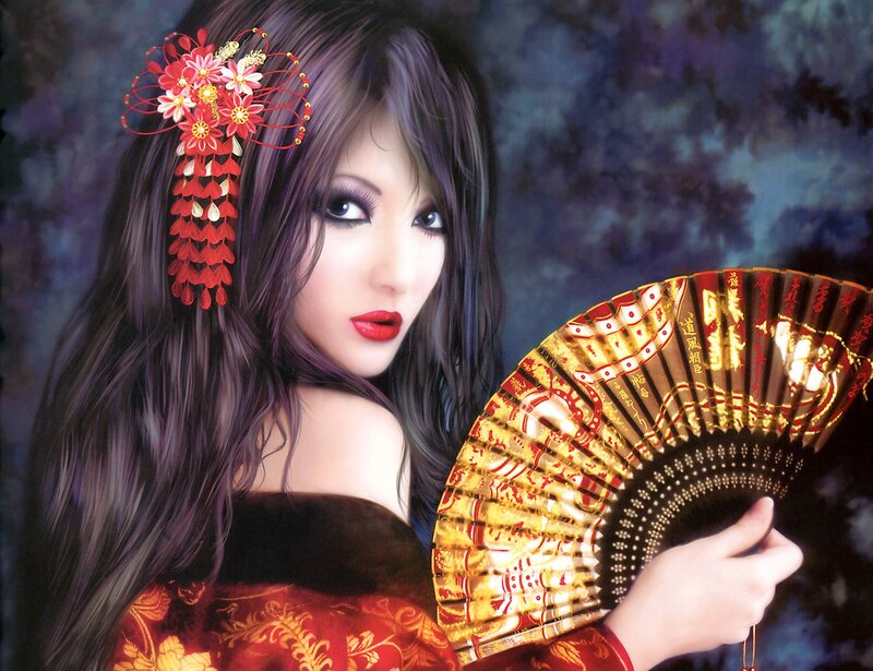 Woman with Fan — Red, Dramatic, Digital Art