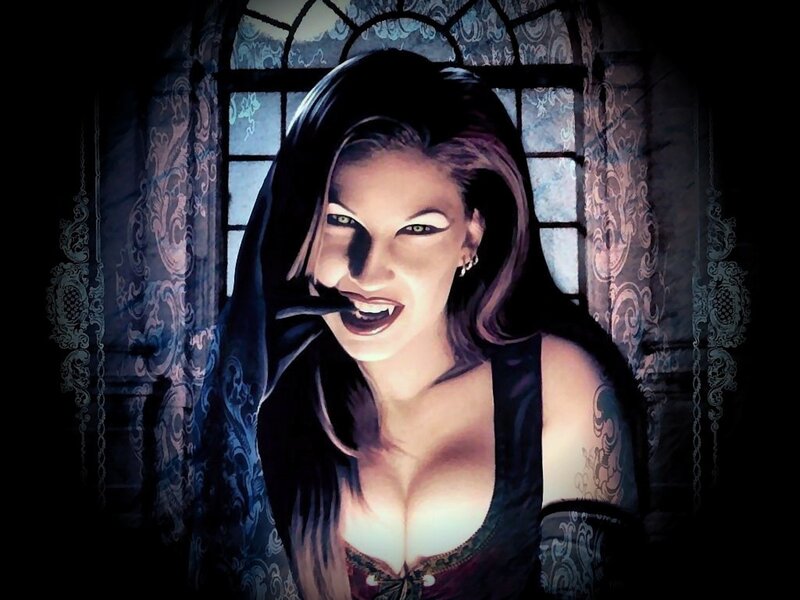 Woman with Fangs — Black, Dramatic, Night, Digital Art, Window