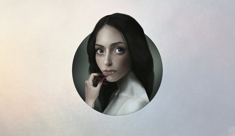 Woman with Fangs — White, Dramatic, Digital Art