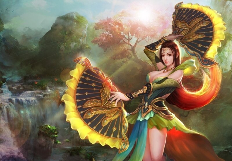 Woman with Fans — Green, Dramatic