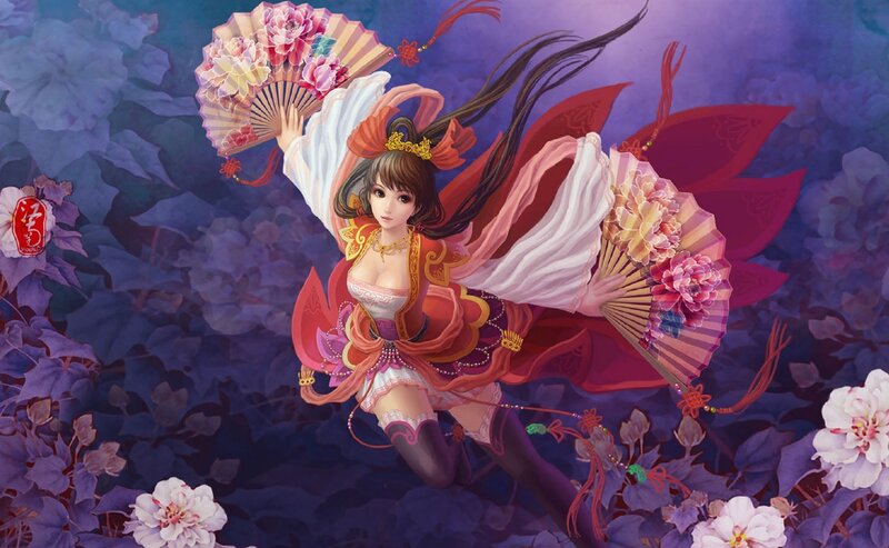 Woman with Fans in Flowers — Purple