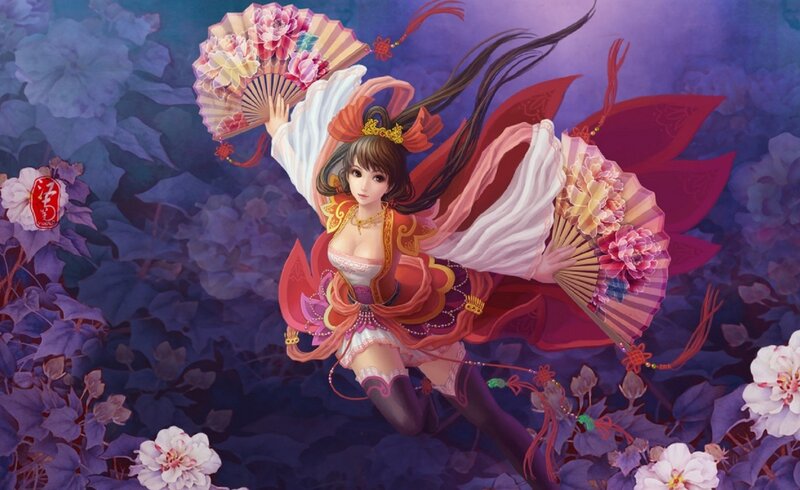 Woman with Fans in Flowers