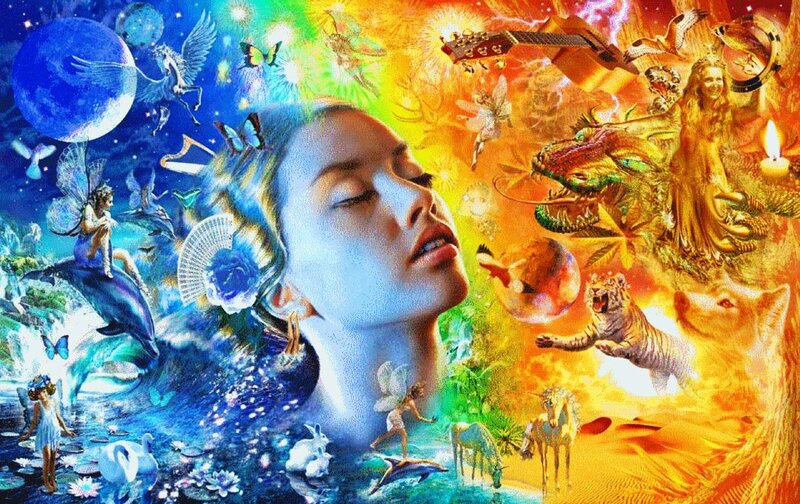 Woman with Fantasy Creatures — Blue