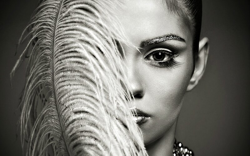 Woman with Feather — Black, Dramatic, Photograph