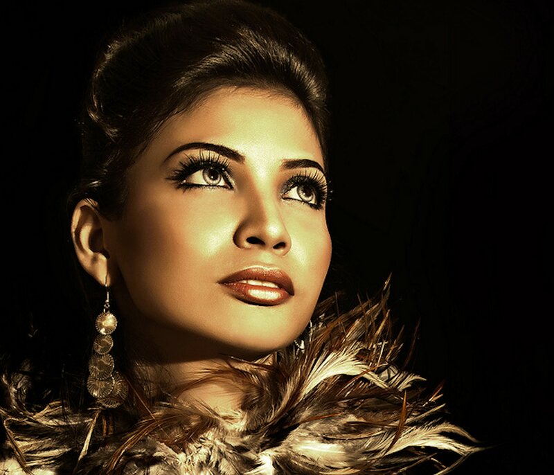 Woman with Feather Boa — Brown, Dramatic