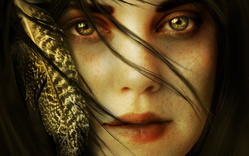 Woman with Feather — Brown, Dramatic