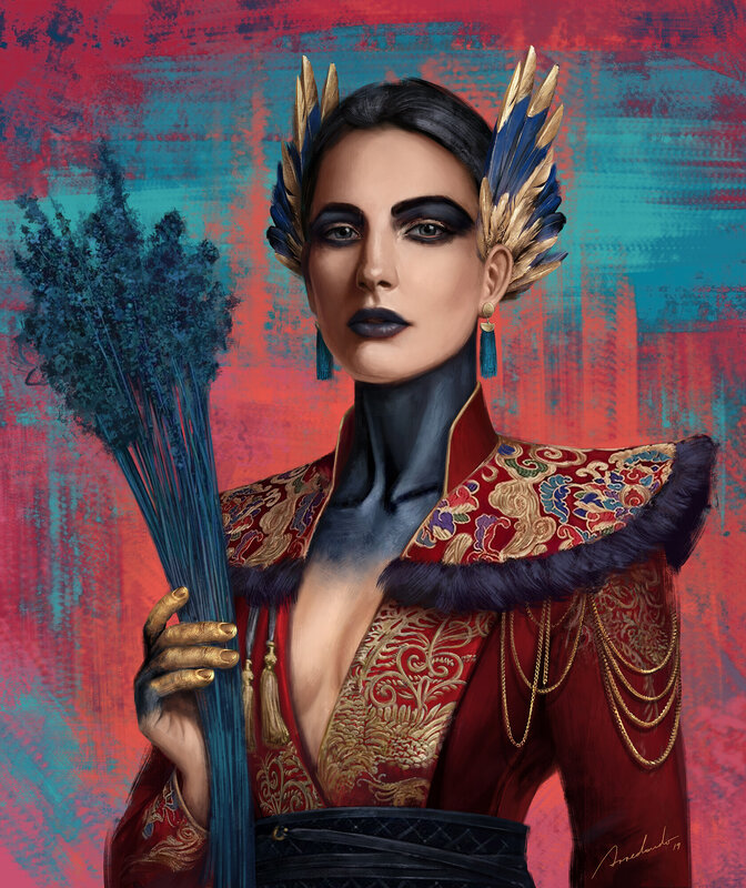 Woman with Feather Crown — Red, Dramatic