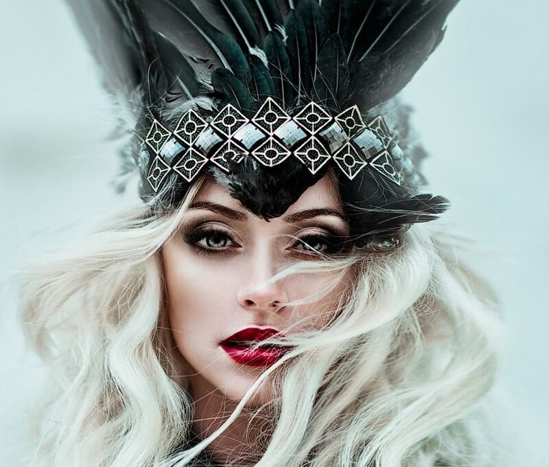 Woman with Feather Crown — White, Dramatic