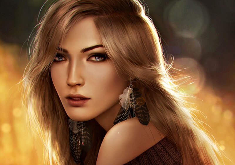 Woman with Feather Earrings — Brown, Dramatic, Sunset