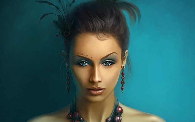 Woman with Feather Hairpiece — Blue