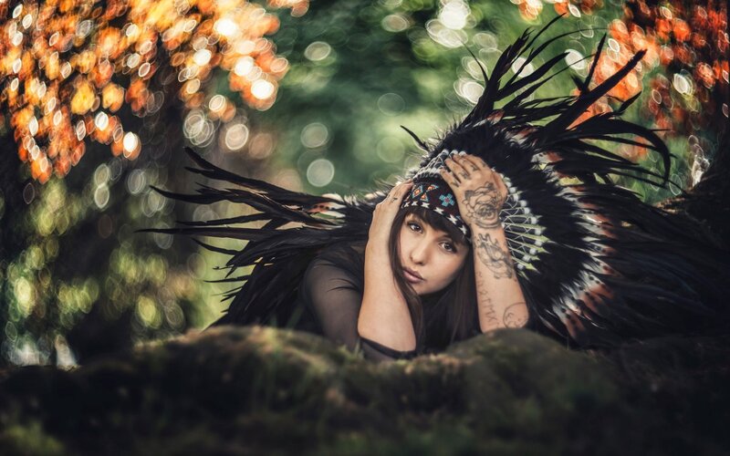 Woman with Feather Headdress — Black, Dramatic, Autumn, Photograph
