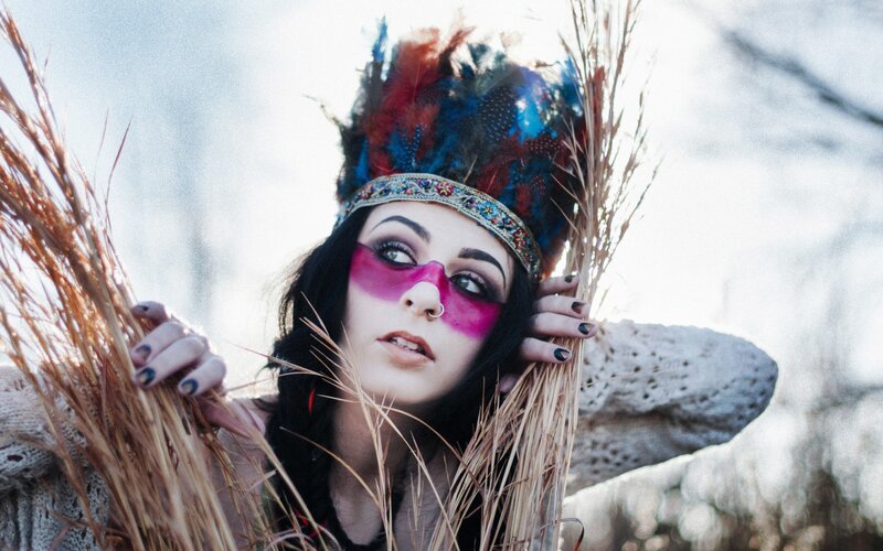 Woman with Feather Headdress — Black, Dramatic, Autumn