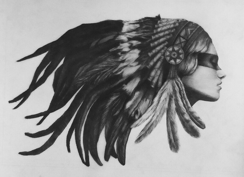 Woman with Feather Headdress — Black, Dramatic, Illustration
