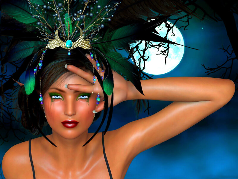 Woman with Feather Headdress — Blue, Dramatic, Night